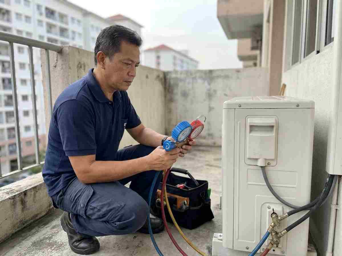 Technician cleaning a wall aircond unit during a service in Johor Bahru