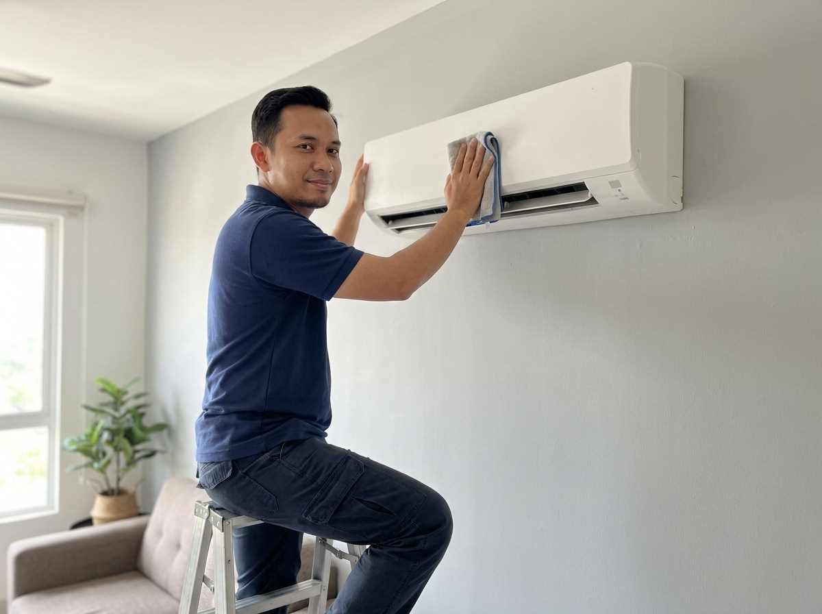 United Aircond Services technician servicing a wall aircond unit in Johor Bahru